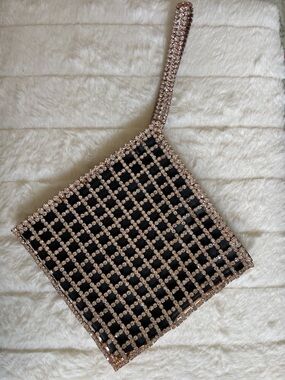 Luxe Rhinestone Crystal-Rose Gold Embellished Black Evening Wristlet